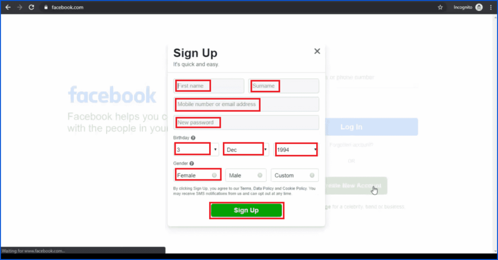 Add personal information to create facebook account